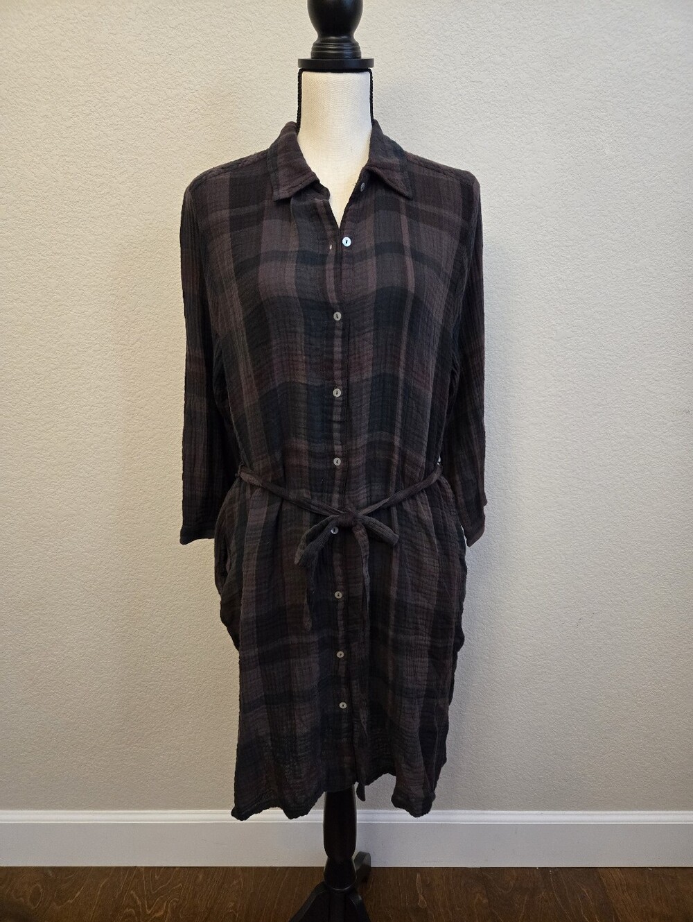 Michael Stars Cotton Polly Ballon Sleeve Shirt Dress Sz XL Plaid Tie At Waist - Picture 2 of 11